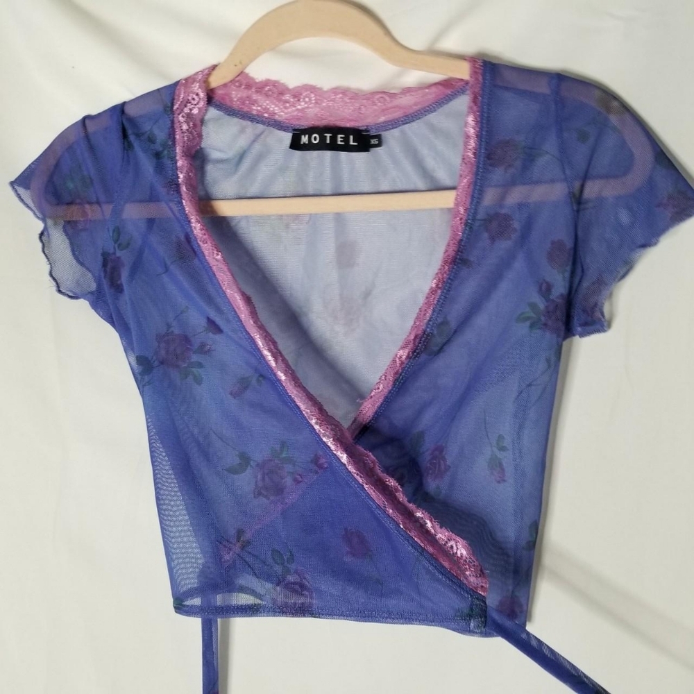 Motel Rocks XS LILAC ROSE KALIA sheer floral mesh true wrap crop top blouse